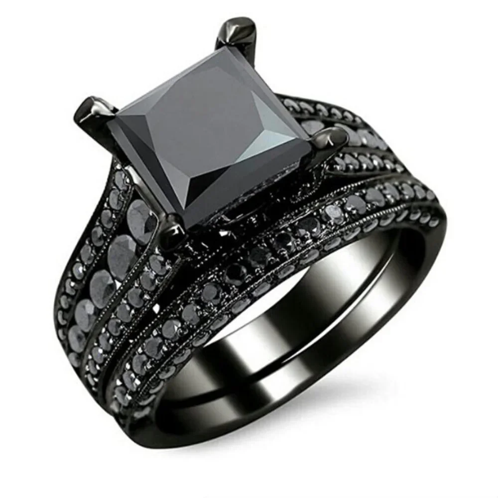 NEW 2PC/Set 2CT Princess Cut Black Sapphire Round Pave Engagement Ring
